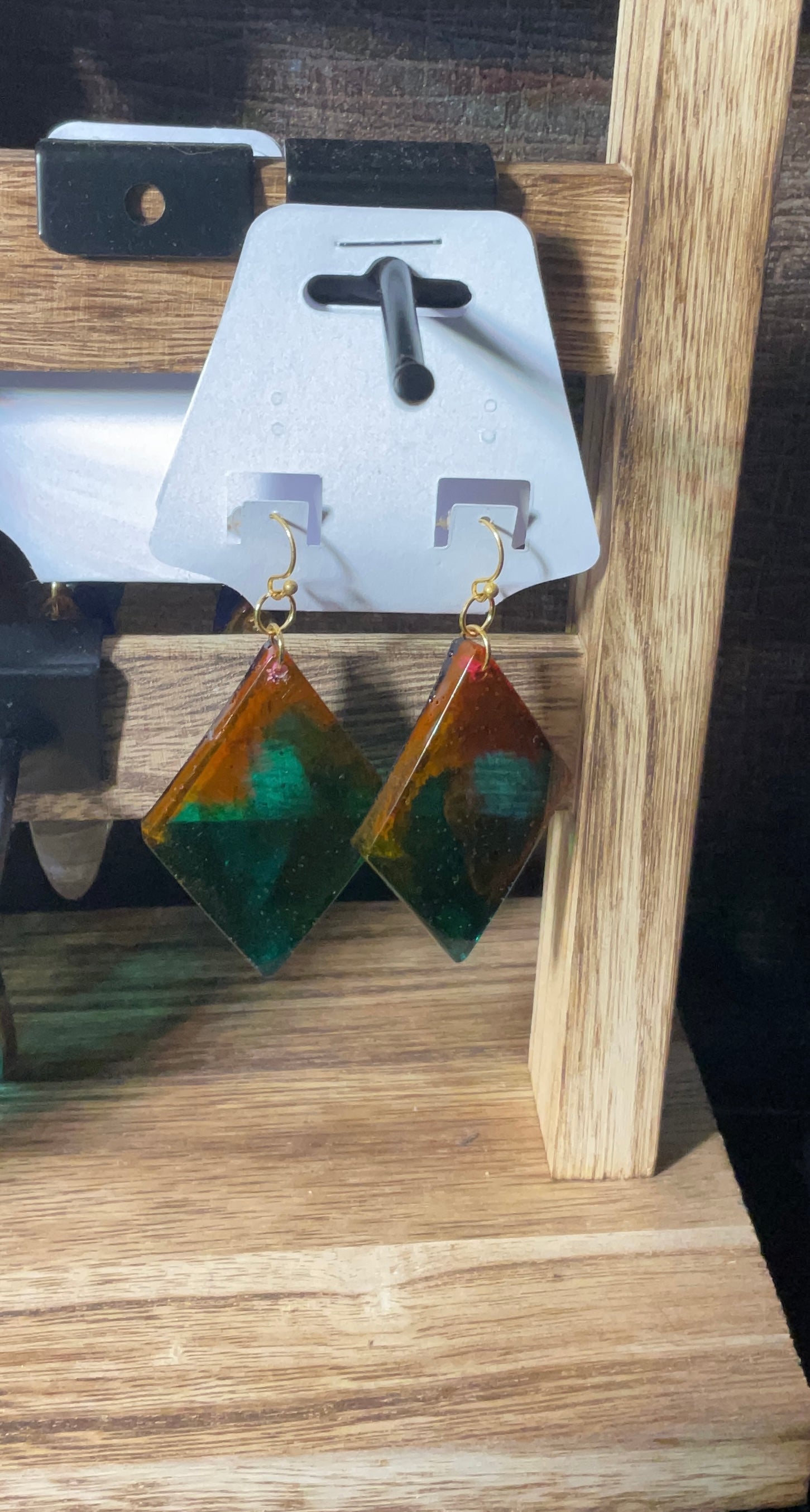 Orange, Blue, and Green 2in Diamond shaped earrings