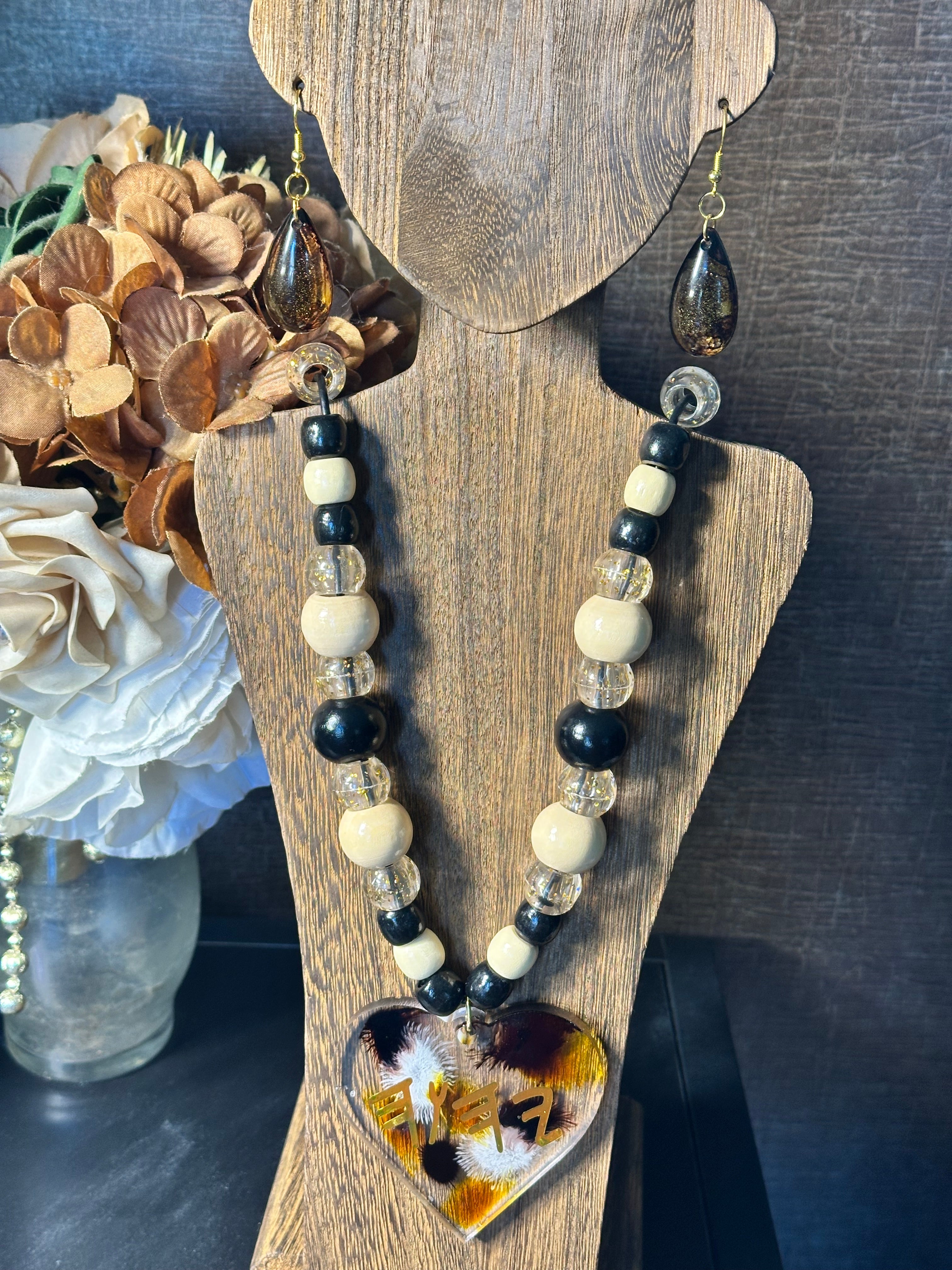 Yahuah 2.75in Heart Necklace w/ Beads & matching small earrings